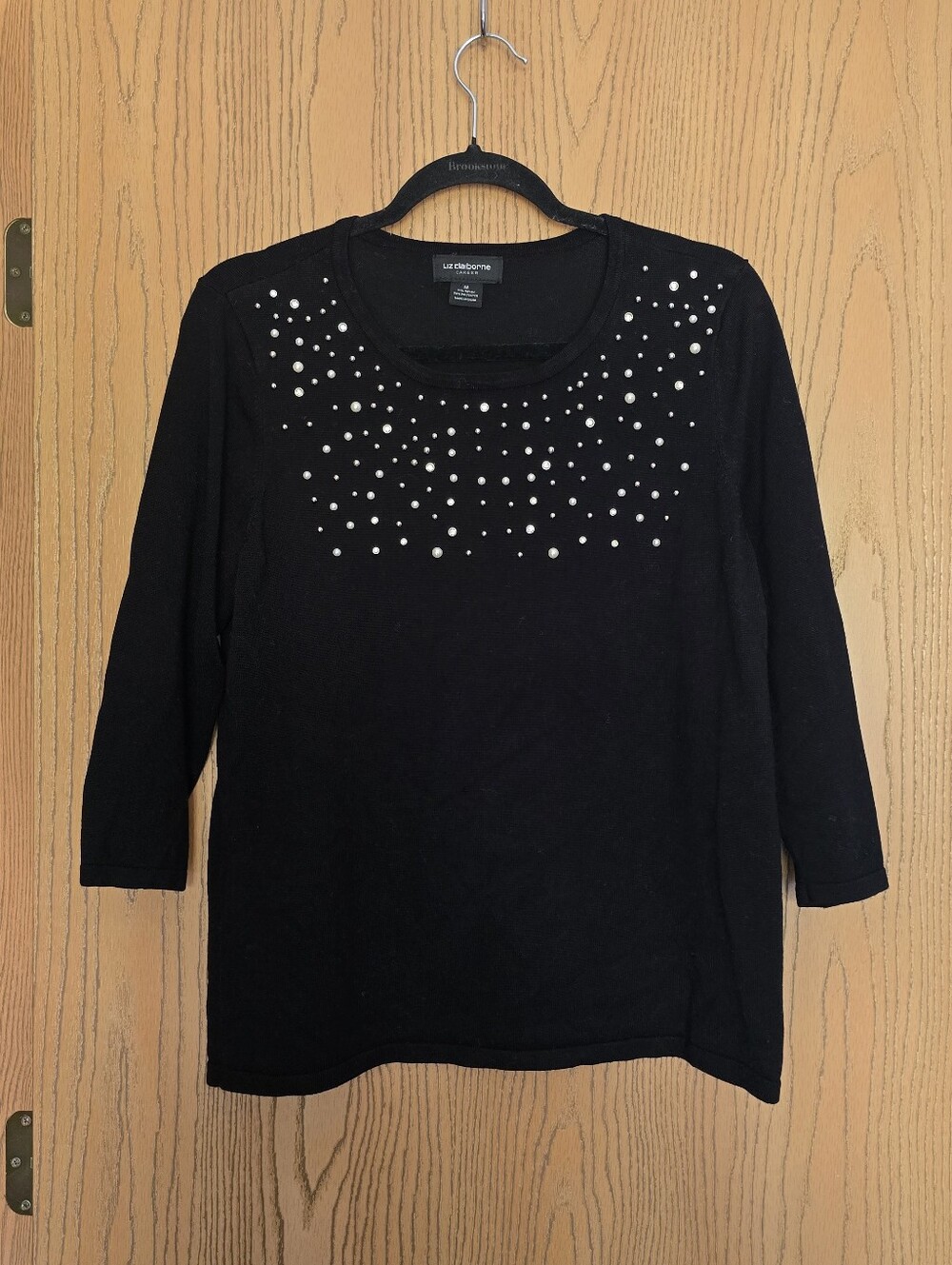Liz Claiborne Black Scoop Neck Top with Pearl-Like Studs